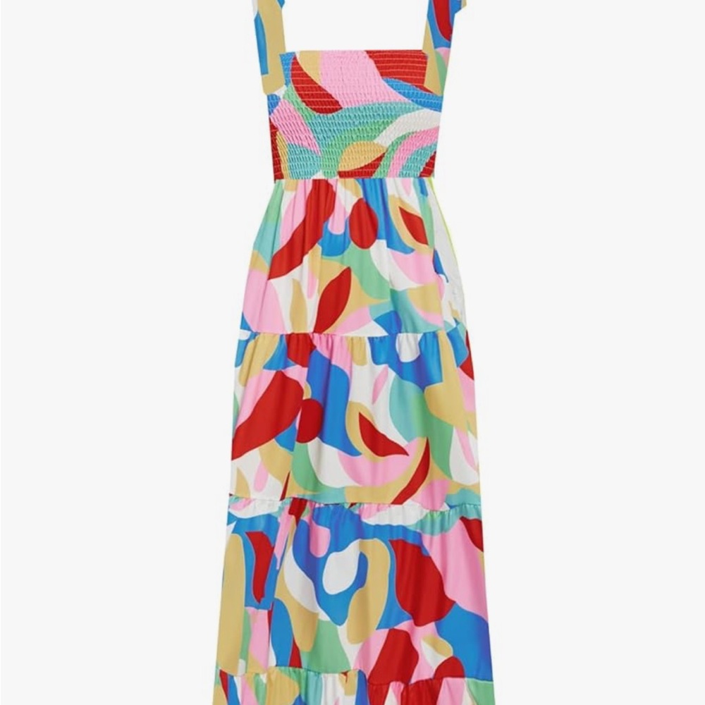 Vibrant multicolor smocked Maxi Sundress with tie straps